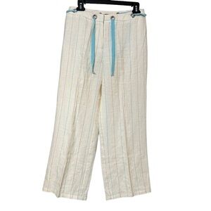 Deane & White Linen Pants Pastel Yellow w/ Stripes Zipper Fly Grommet Tie Waist